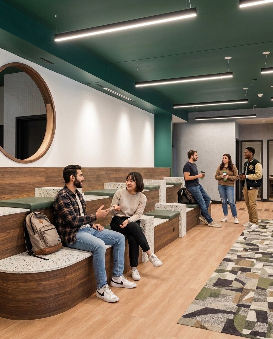 Étudiants qui discutent dans le lounge de la résidence 4POINT3